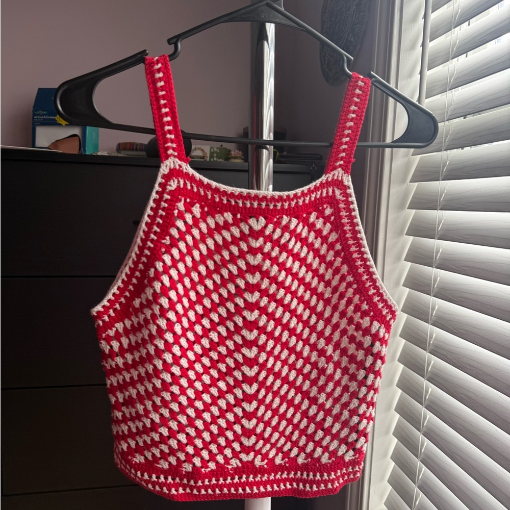 F21 Red and White Crochet Tank Top